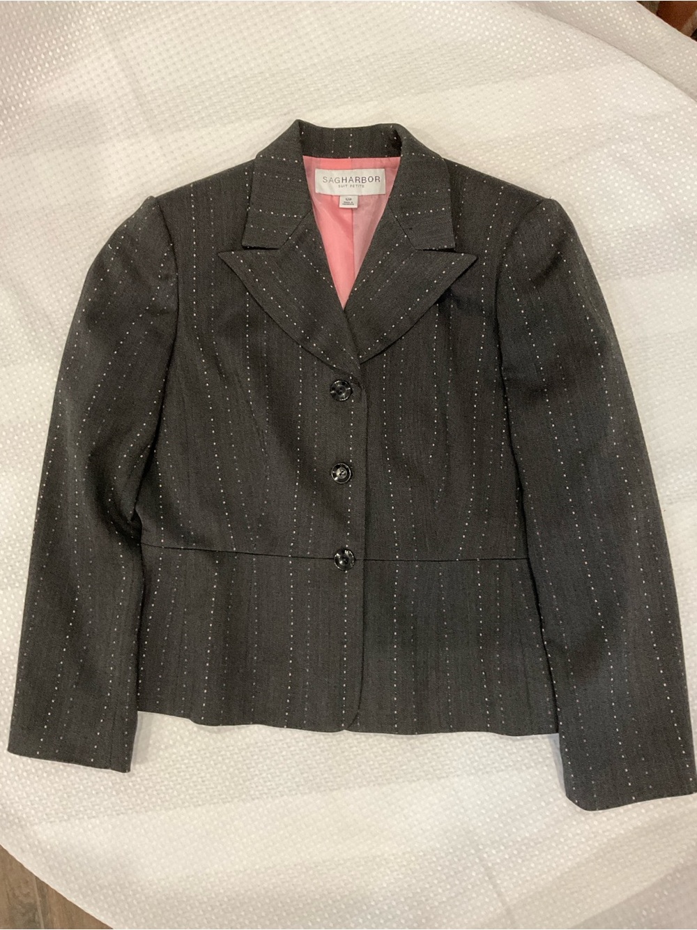 Sag Harbor Dark Charcoal Pinstripe Blazer with Pink Lining
